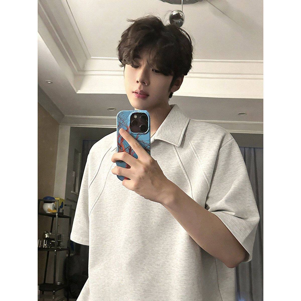 高级感polo衫男款美式体恤翻领T恤短袖男夏季boxy正肩t恤休闲上衣