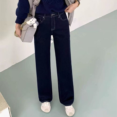 2025冬季新款四面弹加绒牛仔裤女显高显瘦窄版气质拖地高腰直筒裤