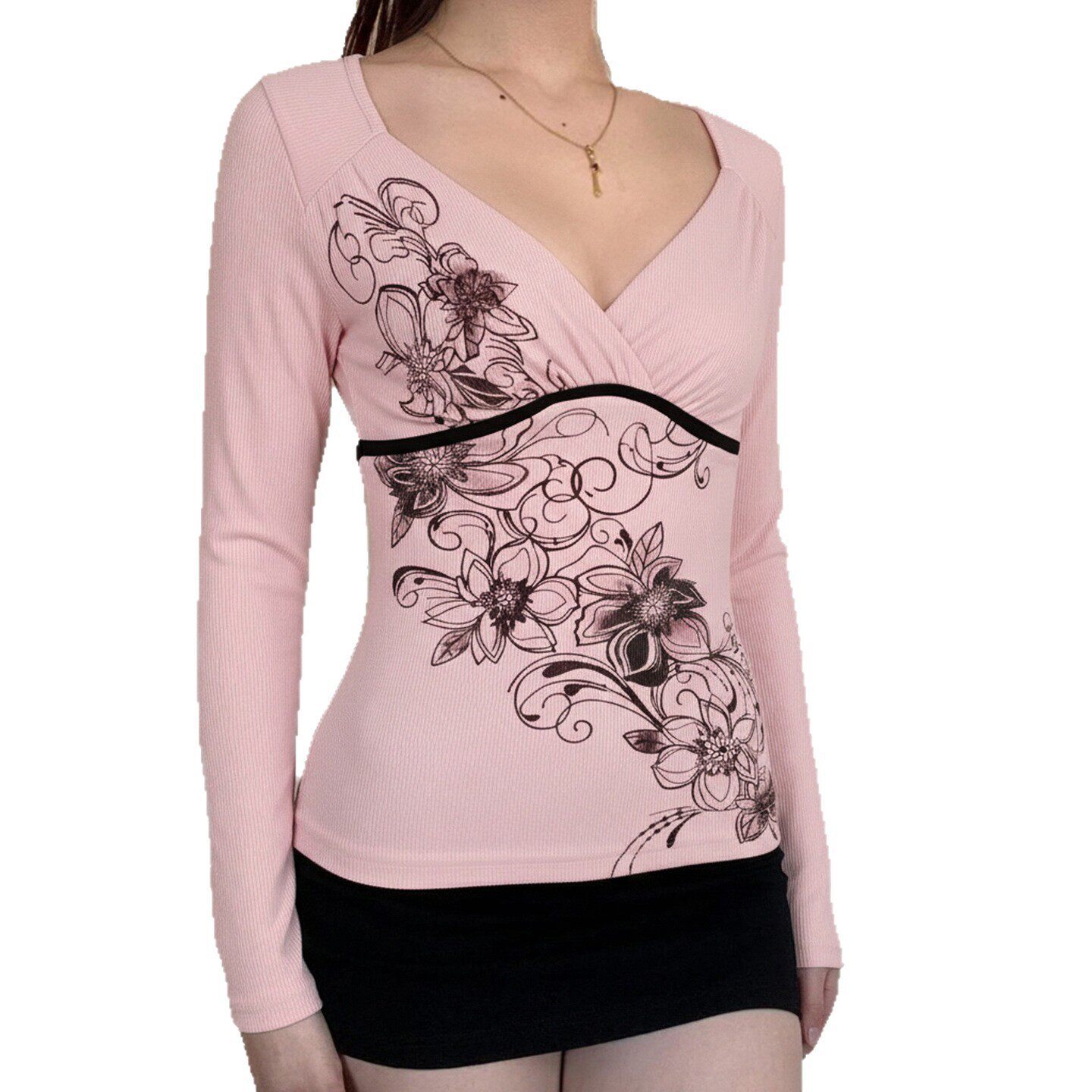 vintage复古印花性感V领修身基础打底衫粉色纯欲显瘦秋冬内搭上衣