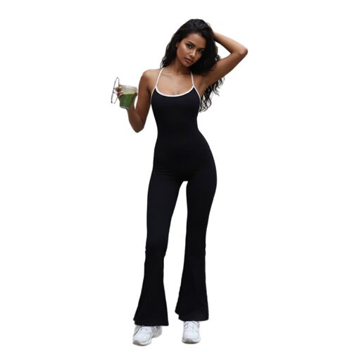 欧美时尚运动风辣妹连体喇叭裤露背交叉肩带性感低腰弹力瑜伽长裤