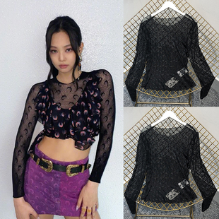 jennie金智妮同款月亮网纱打底衫女长袖透视t恤blackpink打歌服
