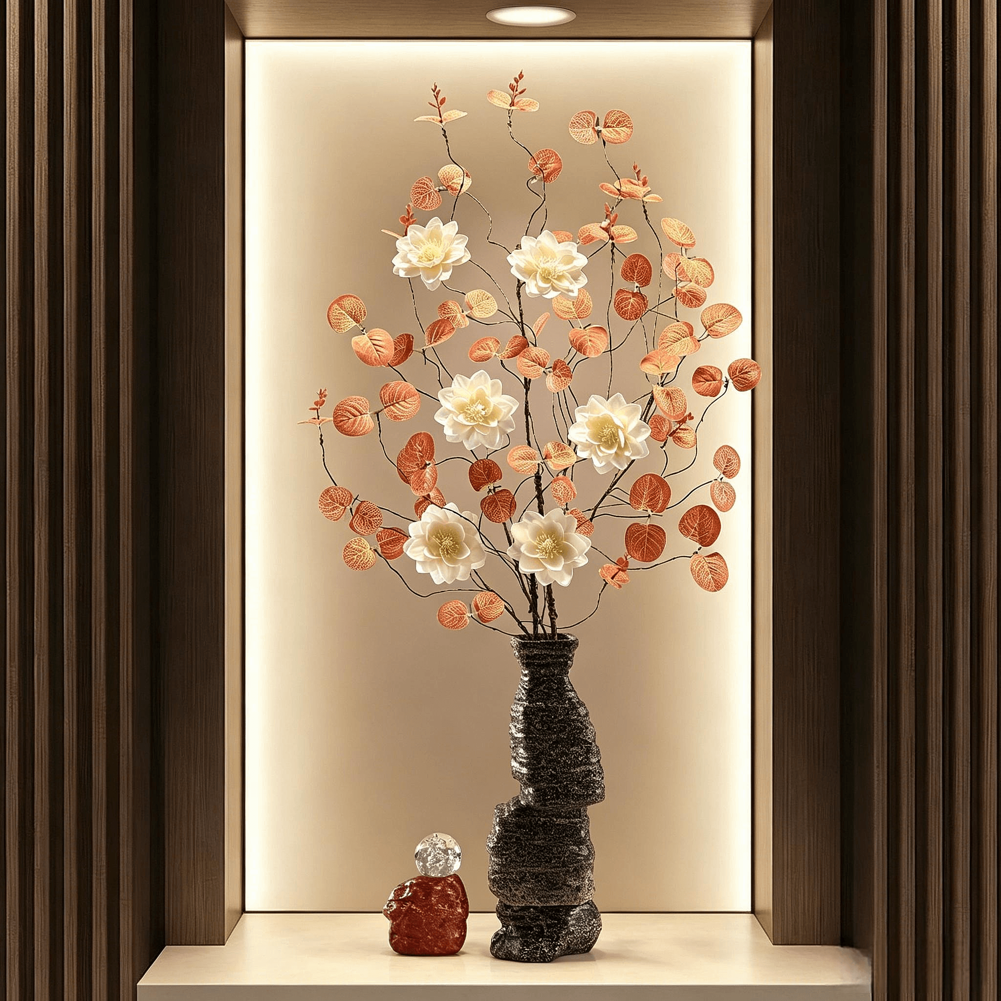 中古侘寂风入户门玄关屏风陶瓷花瓶假花摆件客厅电视柜高级感装饰