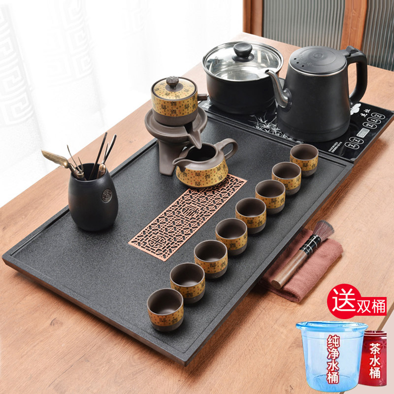 石头茶盘全自动烧水壶功夫茶具套组家用简约办公乌金石泡茶台整套