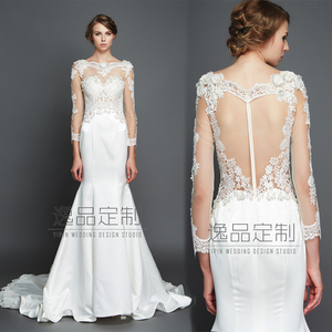 逸品 14208 重工水溶蕾丝 立体珠绣长袖性感透背鱼尾婚纱礼服定制