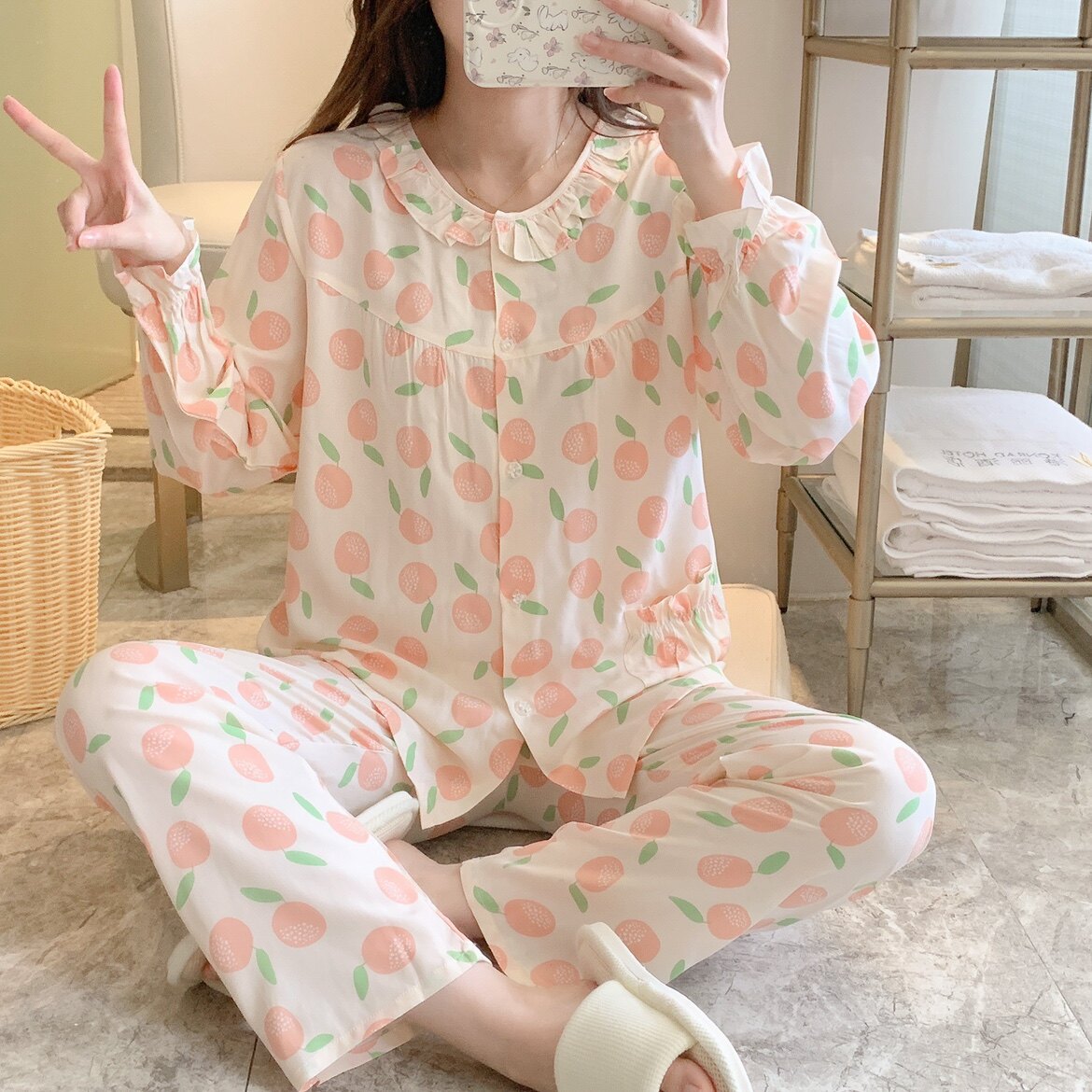 新款棉绸长袖女可爱简约开衫睡衣家居服月子服空调服