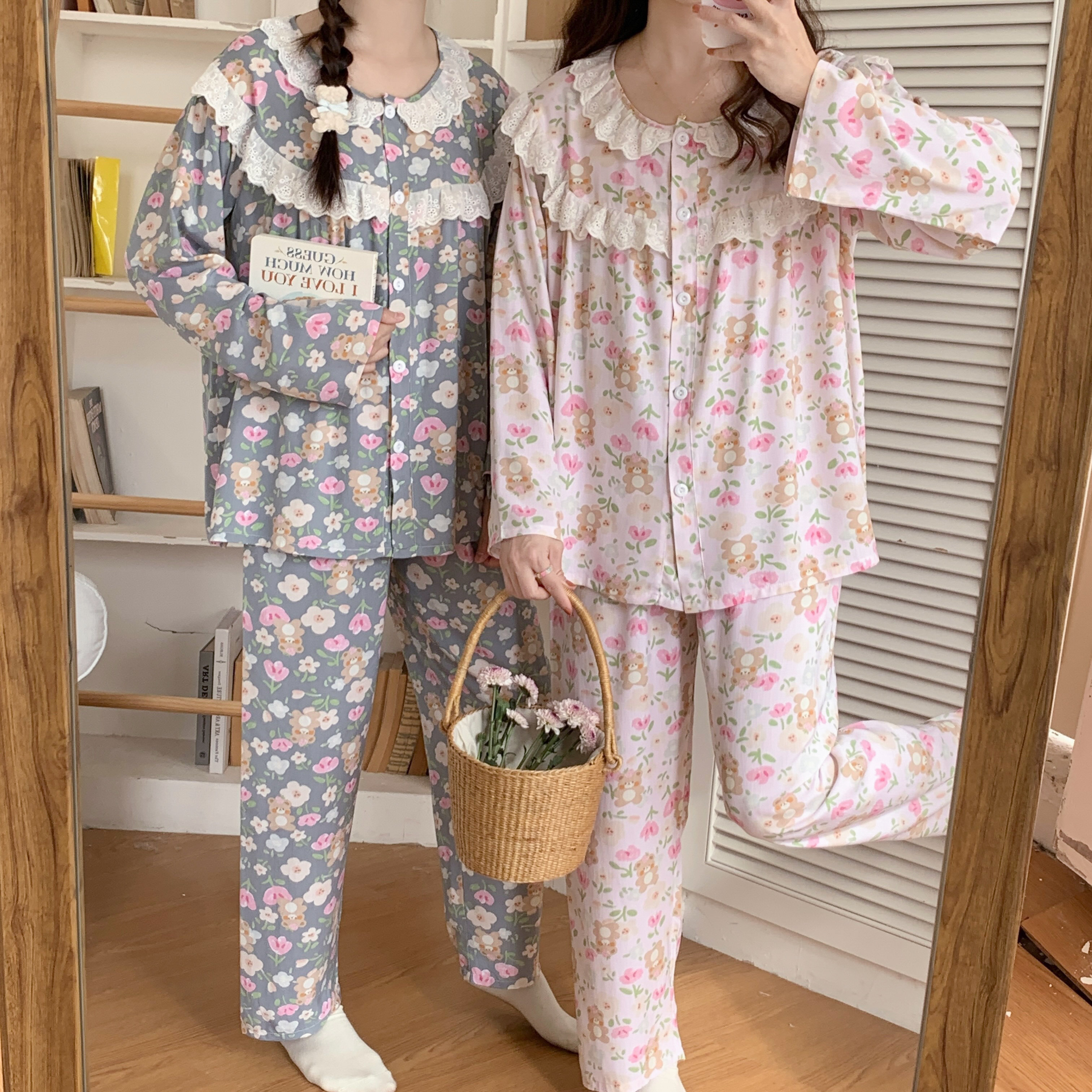 断码特价处理棉绸长袖长裤大码套装宽松家居服可外穿人造棉度假风