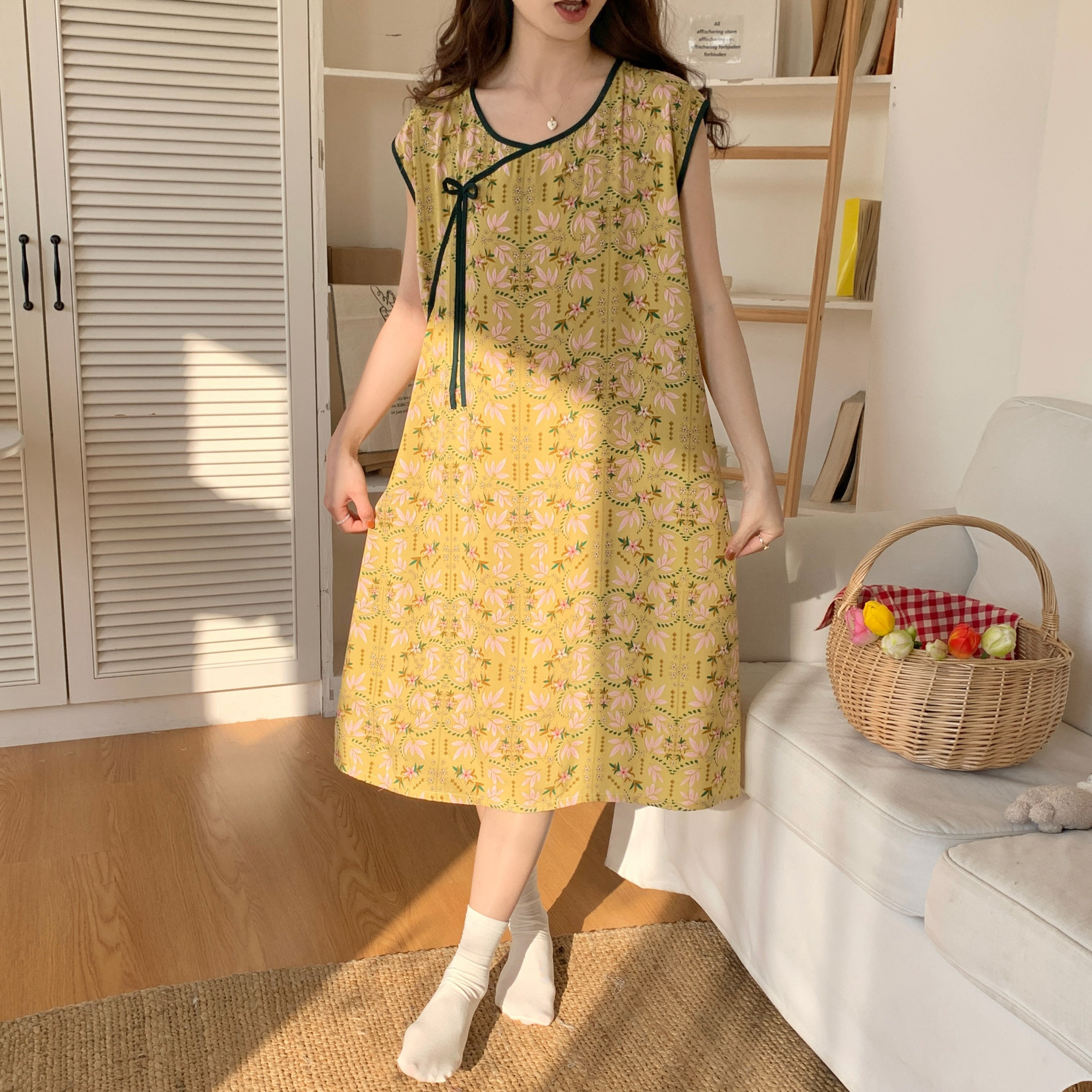 棉绸无袖连衣裙女夏季中长款大摆睡裙