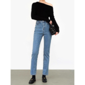 厚面料笔直双腿高个子裤 烟管小直筒长裤 子高腰蓝色牛仔裤 加长法式