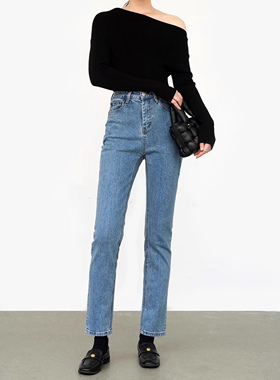厚面料笔直双腿高个子裤子高腰蓝色牛仔裤加长法式烟管小直筒长裤