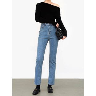 厚面料笔直双腿高个子裤子高腰蓝色牛仔裤加长法式烟管小直筒长裤