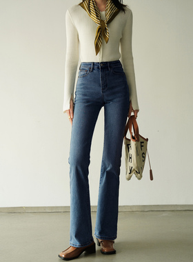 超模腿 春秋法式微喇叭牛仔裤弹力深蓝色高腰高个子女裤显瘦长裤