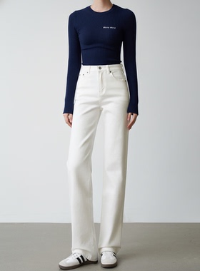 秋冬加绒窄版直筒裤高腰显瘦白色牛仔裤高个子加长版长裤女显腿直