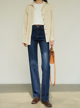 厚挺有型 法式女高个子窄版直筒裤深蓝色高腰显瘦加长牛仔裤春秋