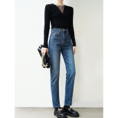 子 高腰锥型复古梨形裤 高个子加长180小直筒烟管裤 深色弹力牛仔裤