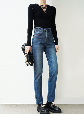 高个子加长180小直筒烟管裤深色弹力牛仔裤高腰锥型复古梨形裤子