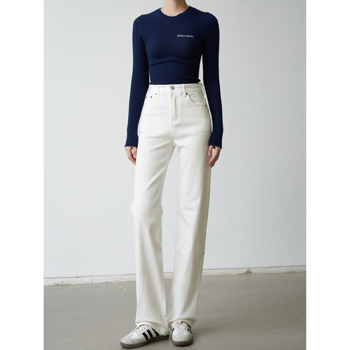 秋冬加绒窄版直筒裤高腰显瘦白色牛仔裤高个子加长版长裤女显腿直