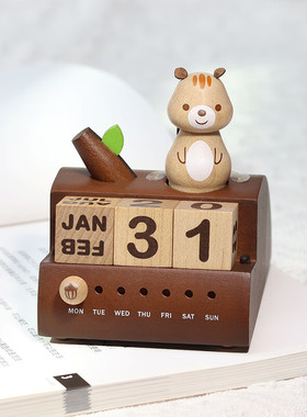 森活木趣松鼠树万年历木质音乐盒桌面创意摆件送女生情人节日礼物