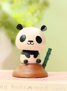 森活木趣熊猫木质弹簧摇头晃脑桌面中控车载摆件装饰品送新年礼物