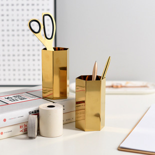 北欧六角金色笔筒摆件 ins插花瓶装饰物摄影道具家居办公桌面收纳