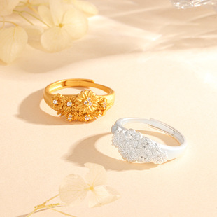 s925纯银繁花锦簇意式拉丝金色繁花戒指女轻奢感 开口可调节指环