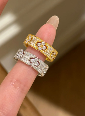 s925银四叶花满天星戒指女轻奢时尚宫廷风满镶锆石工艺感指环