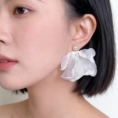 MoreSuitable清新甜美布艺网纱蕾丝花朵耳环春夏款s925银针耳饰女