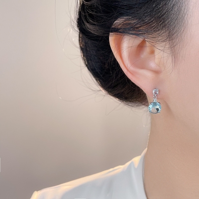 MoreSuitable海蓝色时尚清新甜美锆石耳环几何简约通勤银针耳饰女