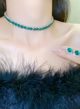 MoreSuitable镶钻祖母绿方形耳钉项链两件套优雅耳环小众百搭套装