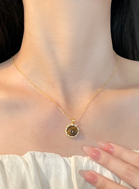 MoreSuitable厚镀18K真金保色天然石虎眼石圆形锆石美拉德锁骨链