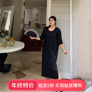 新中式复古国风裙大码女装200斤夏季胖mm宽松遮肚显瘦盘扣连衣裙
