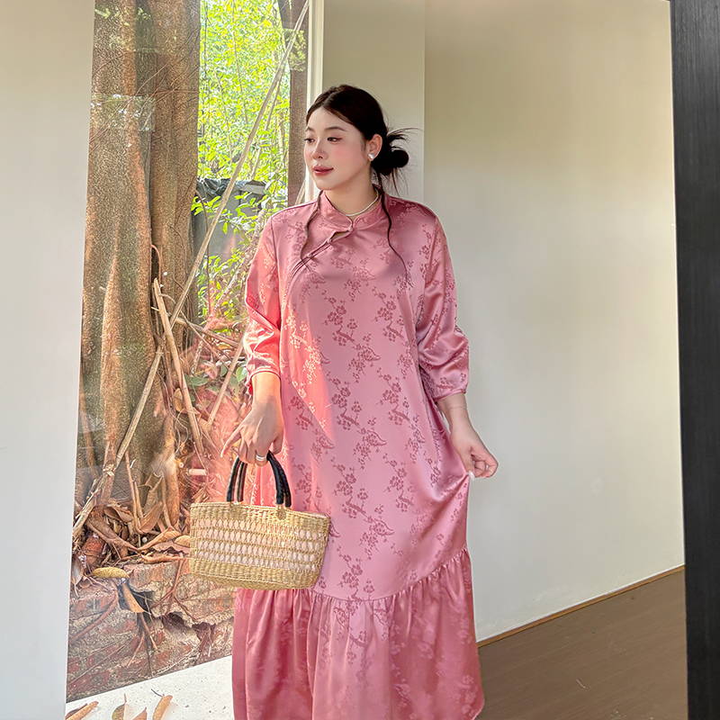 暗花缎面大码改良旗袍裙女2025夏款胖妹妹mm宽松新中式国风连衣裙