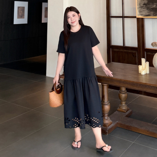 大码女装镂空摆裙棉质长裙2026夏款200斤胖mm宽松显瘦拼接连衣裙