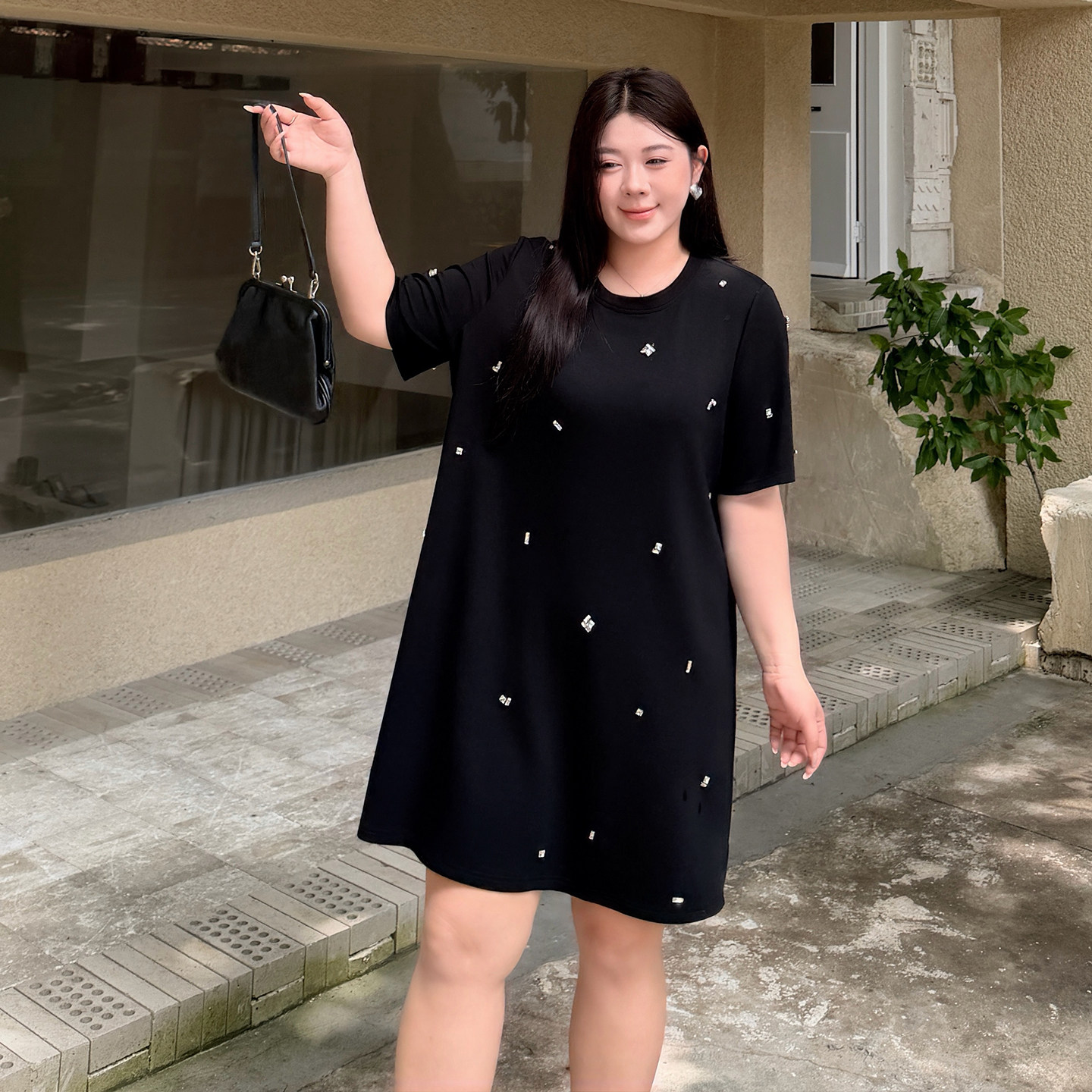 大码女装手工钻T恤裙宽松百搭
