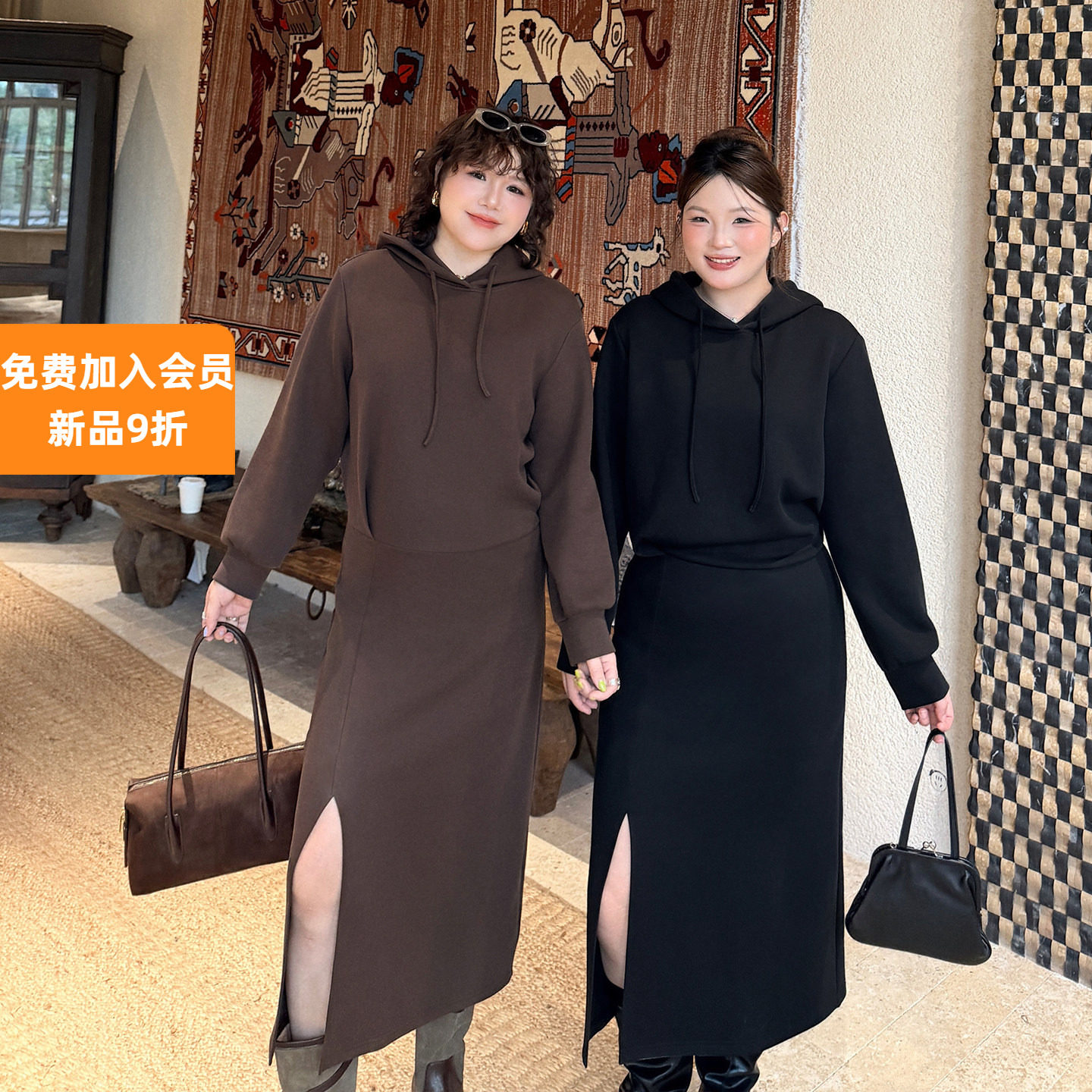 大码女装中长款开叉收腰卫衣裙