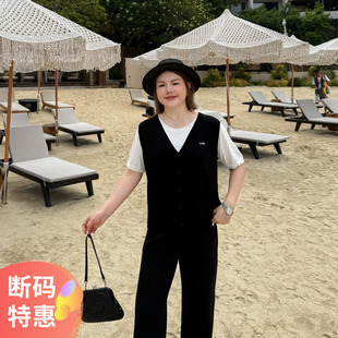 t恤 心存真大码 女装 撞色假两件上衣圆领针织衫 2025夏胖mm宽松短袖