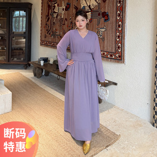 大码女装收腰喇叭袖雪纺长裙2026秋新款200斤胖mm宽松显瘦连衣裙