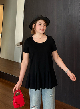 遮胯大码正肩u领上衣女2026年夏新款胖妹妹mm显瘦a字遮肚短袖t恤