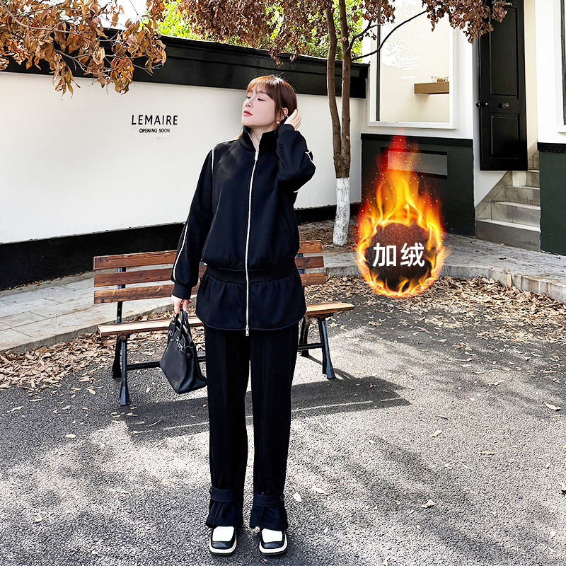 大码女装加绒休闲套装宽松显瘦