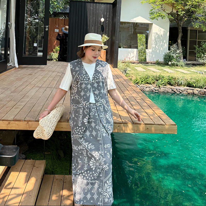 高级感提花两件套春夏大码女装胖妹妹mm宽松马甲+中长半身裙套装