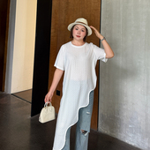 2025夏新款 不规则波浪下摆大码 T恤女中长款 胖mm宽松遮肉显瘦上衣