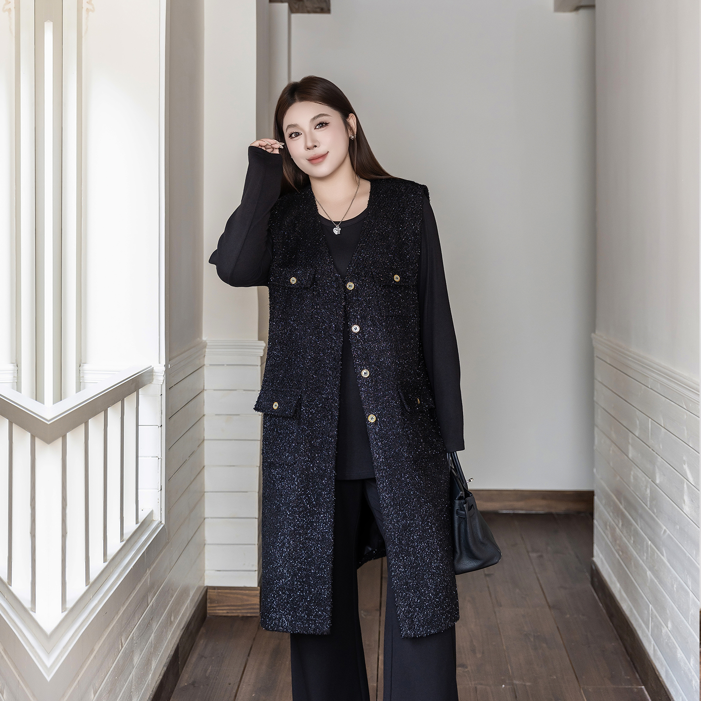 大码女装长款小香马甲宽松百搭