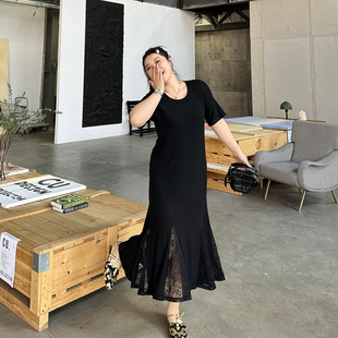 胖mm夏季 大碼 女裝 女人味蕾絲拼接魚尾裙中長款 連衣裙 顯瘦藏肉短袖