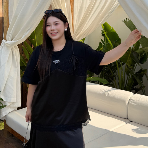 大码女装亮面蕾丝t恤宽松百搭