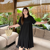 大码 胖mm宽松遮肚子显瘦连衣裙 女装 珠地棉A字百褶小黑裙200斤夏季