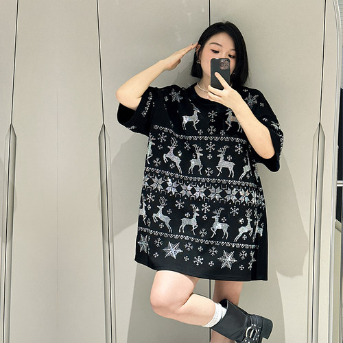 大码女装重工T恤欧货宽松中长款