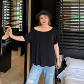 胖妹妹mm宽松显瘦一字肩短袖 设计感露肩大码 新款 夏季 上衣 t恤女装