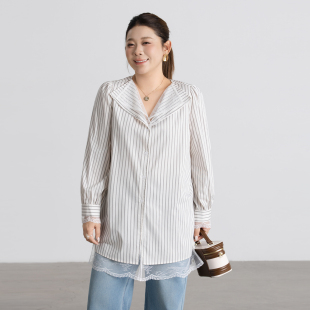 200斤胖mm宽松显瘦长袖 大码 2026春新款 条纹蕾丝拼接衬衫 衬衣 女装