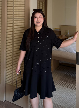 大码女装时髦烫钻显瘦a字小黑裙
