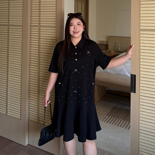时髦烫钻显瘦a字polo小黑裙珠地棉特大码胖mm宽松遮肚短袖连衣裙