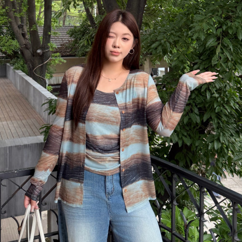 大码女装兰块网纱2件套宽松显瘦